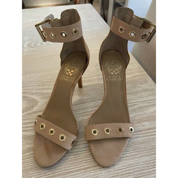 Vince Camuto Calisa Suede ankle strap‎ High Heel Sandals Gold Grommets Size 6.5 - Picture 1 of 5